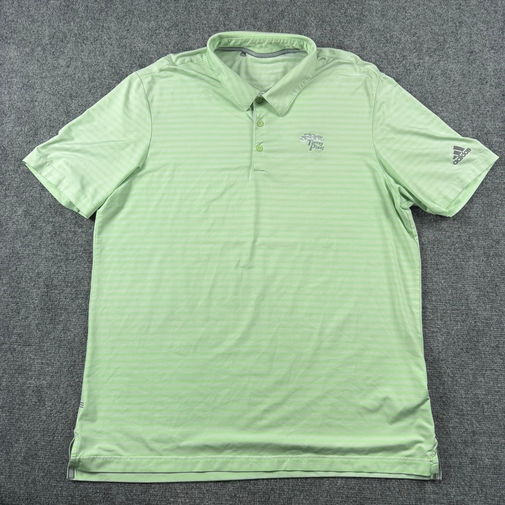Adidas‎ Polo Shirt Mens XL Green Striped Torrey Pines Golf Performance Short